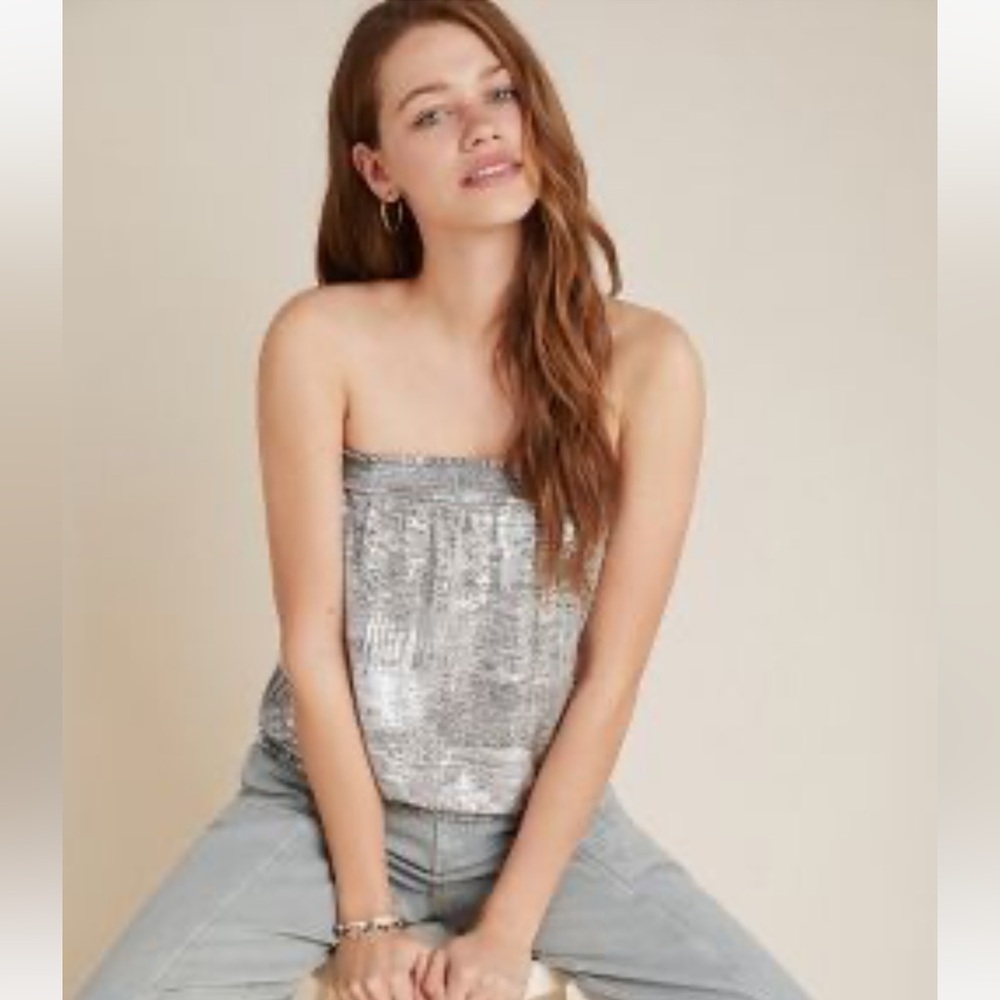 Anthropologie MAIAH SHIMMER TUBE TOP Silver Party Blouse XS - Picture 7 of 9